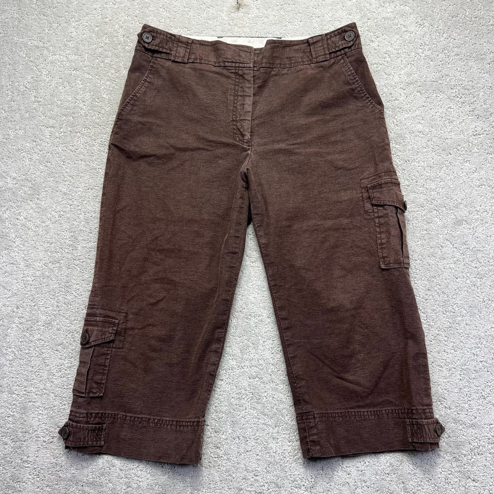 Willi Smith Cargo Capri Pants Womens 12 Brown Linen Blend Stretch Utility Y2k